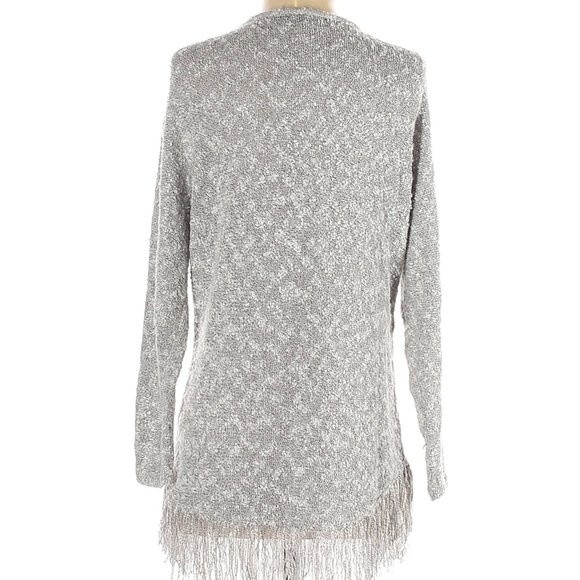 SAKS FIFTH AVENUE Size X-Small Gray Cream Marled Tunic Sweater Fringe Crewneck - Picture 2 of 8
